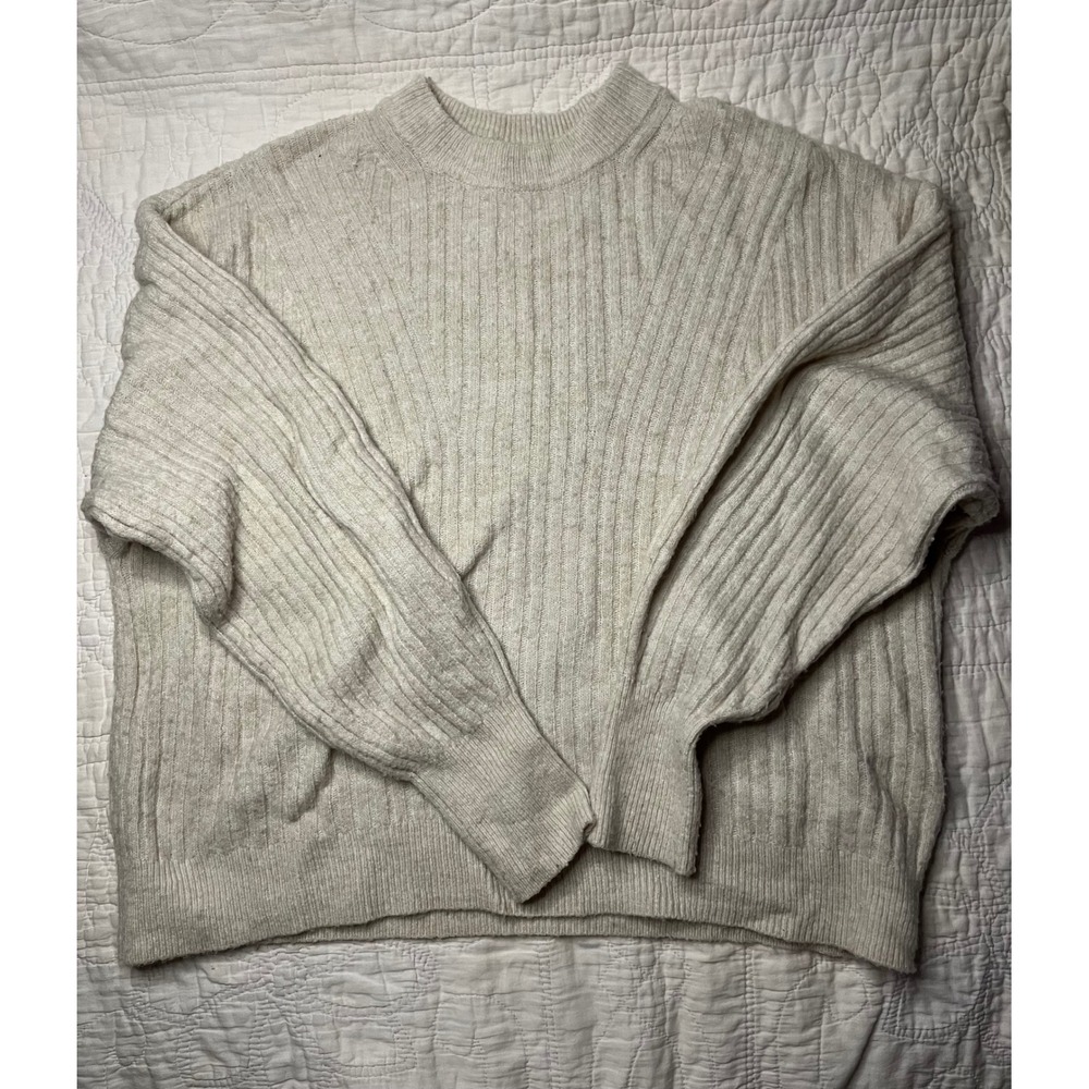 HM Ribbed Knit Crewneck Sweater Oatmeal Beige Marl Slouchy Pullover Women Medium